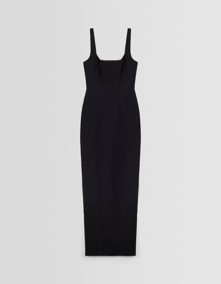 Fitted midi dress with wide straps-Black-4