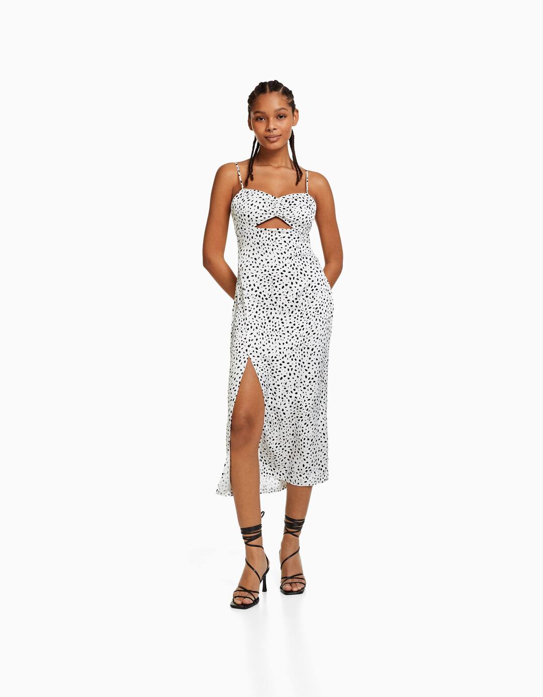 Strappy satin long dress with print