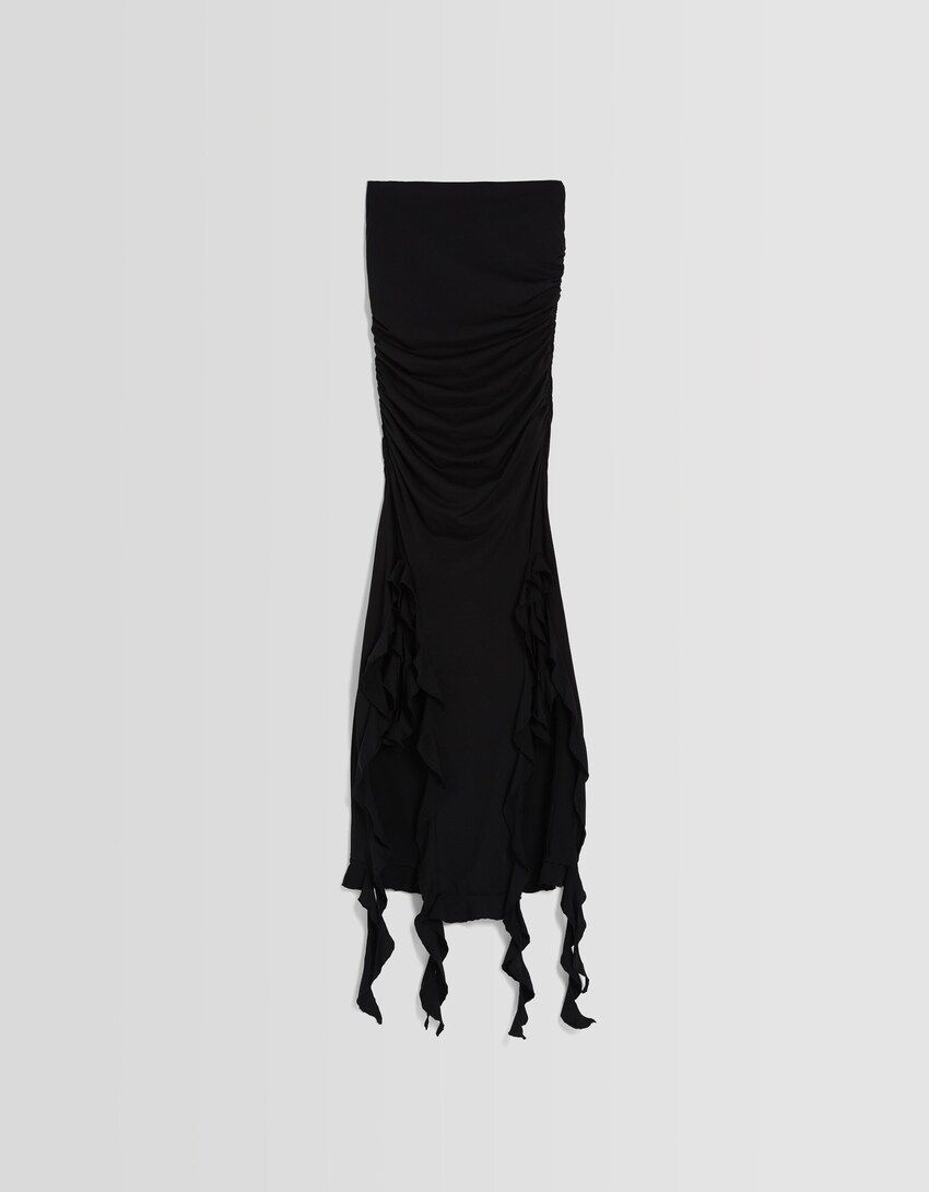 Long off-the-shoulder ruffled dress-Black-6