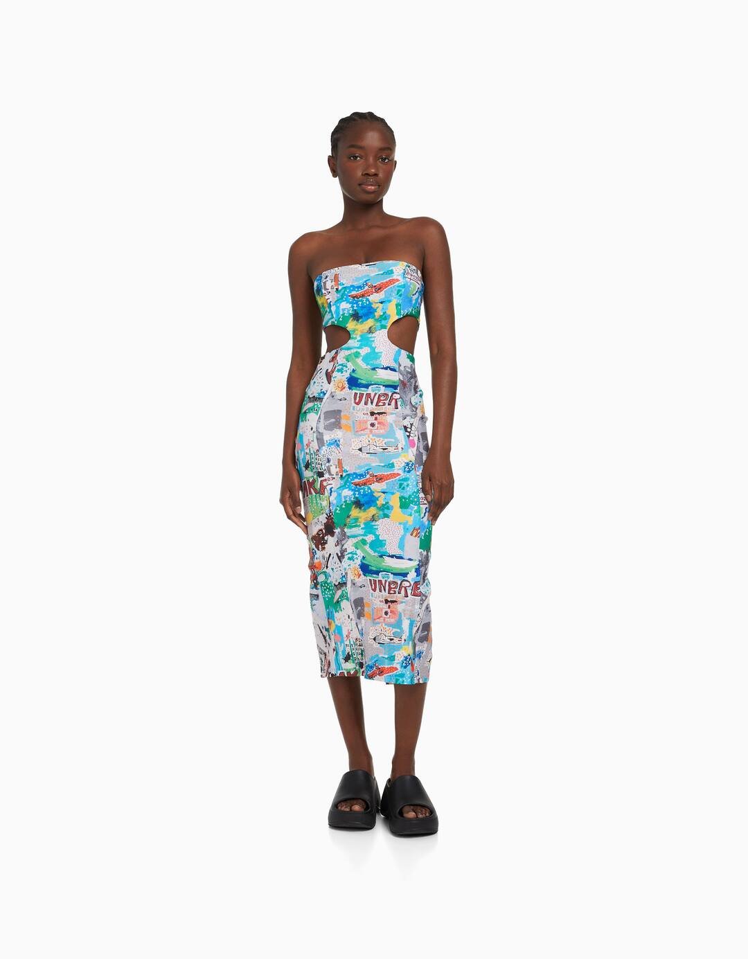 Strapless Jean-Michel Basquiat print midi dress