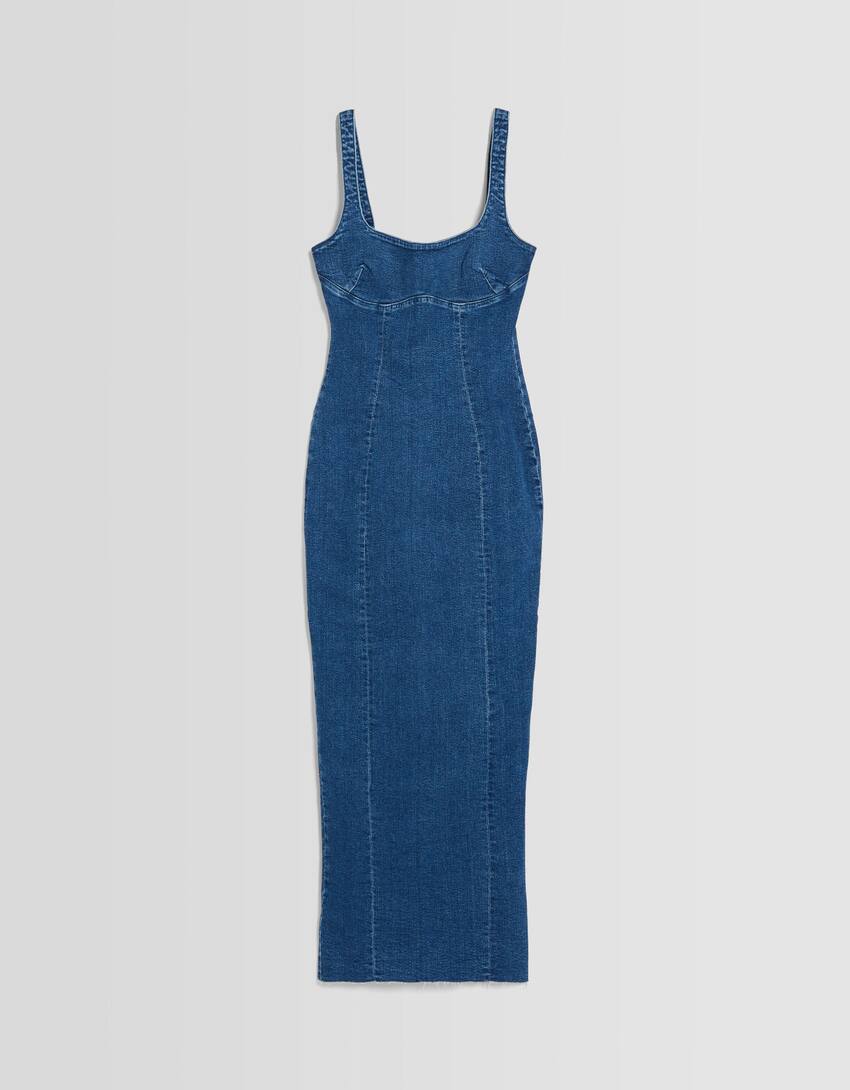 Long denim dress with straps-Blue-4