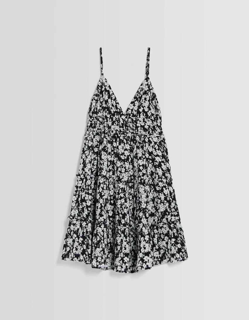Mini dress with ruffled straps-White / Black-4