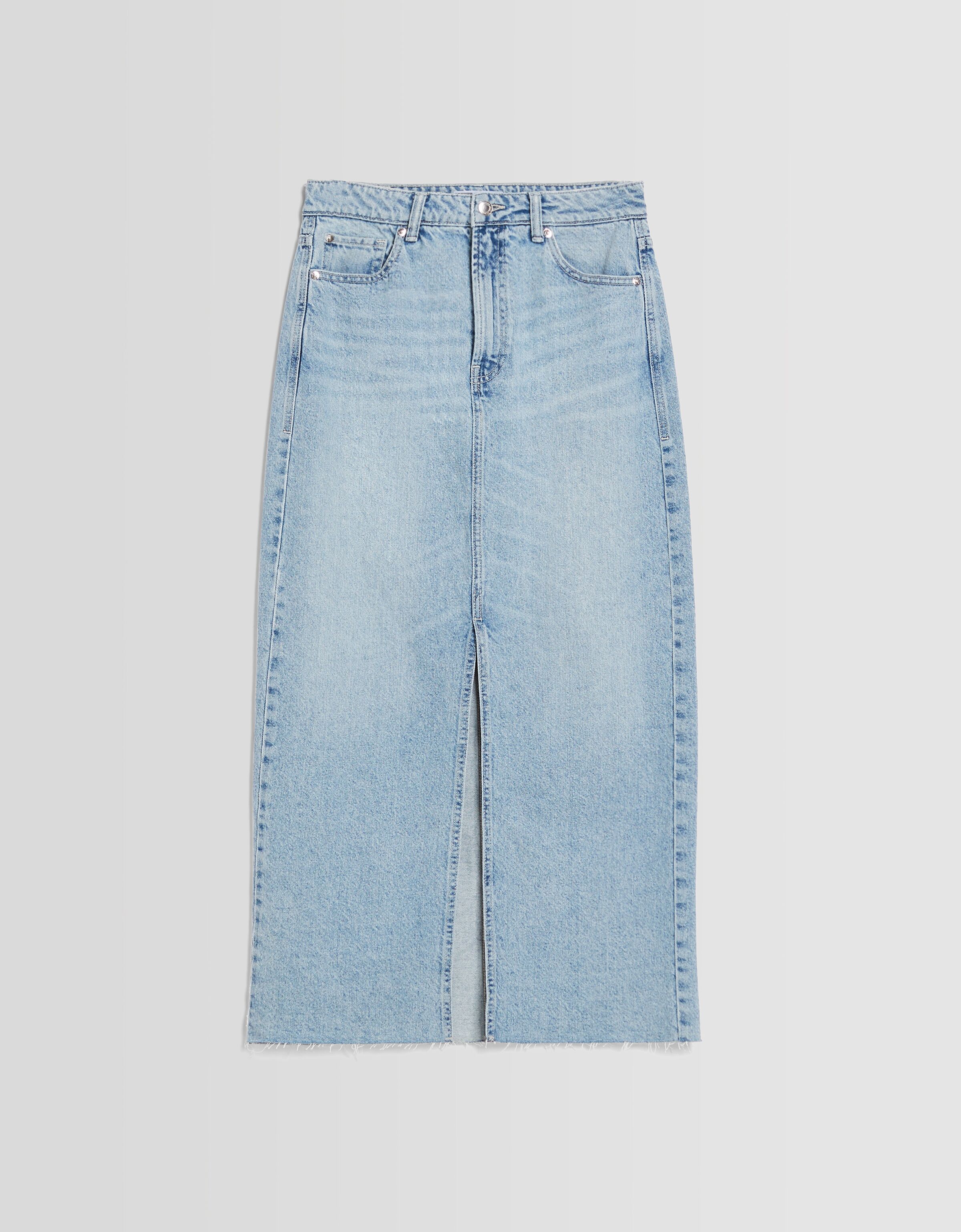 Bershka minimal waistband raw hem denim mini skirt in light blue | ASOS