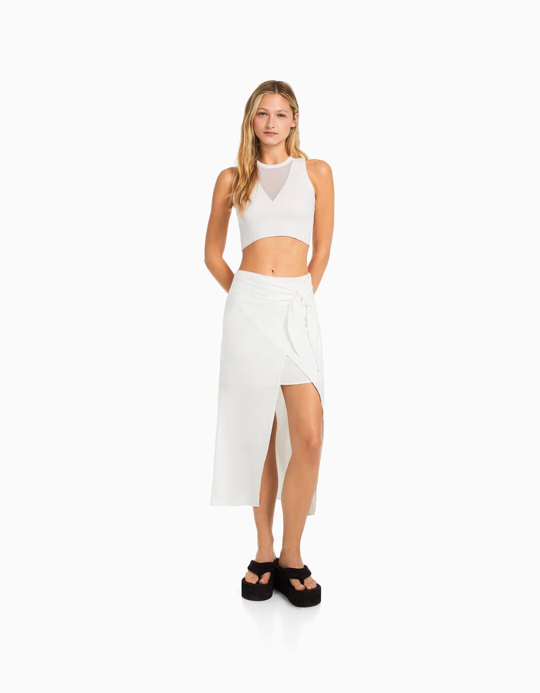 Linen midi wrap skirt with knot