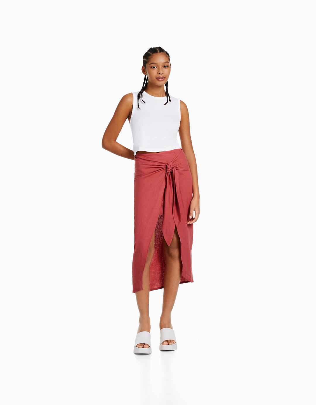 Linen midi wrap skirt with knot