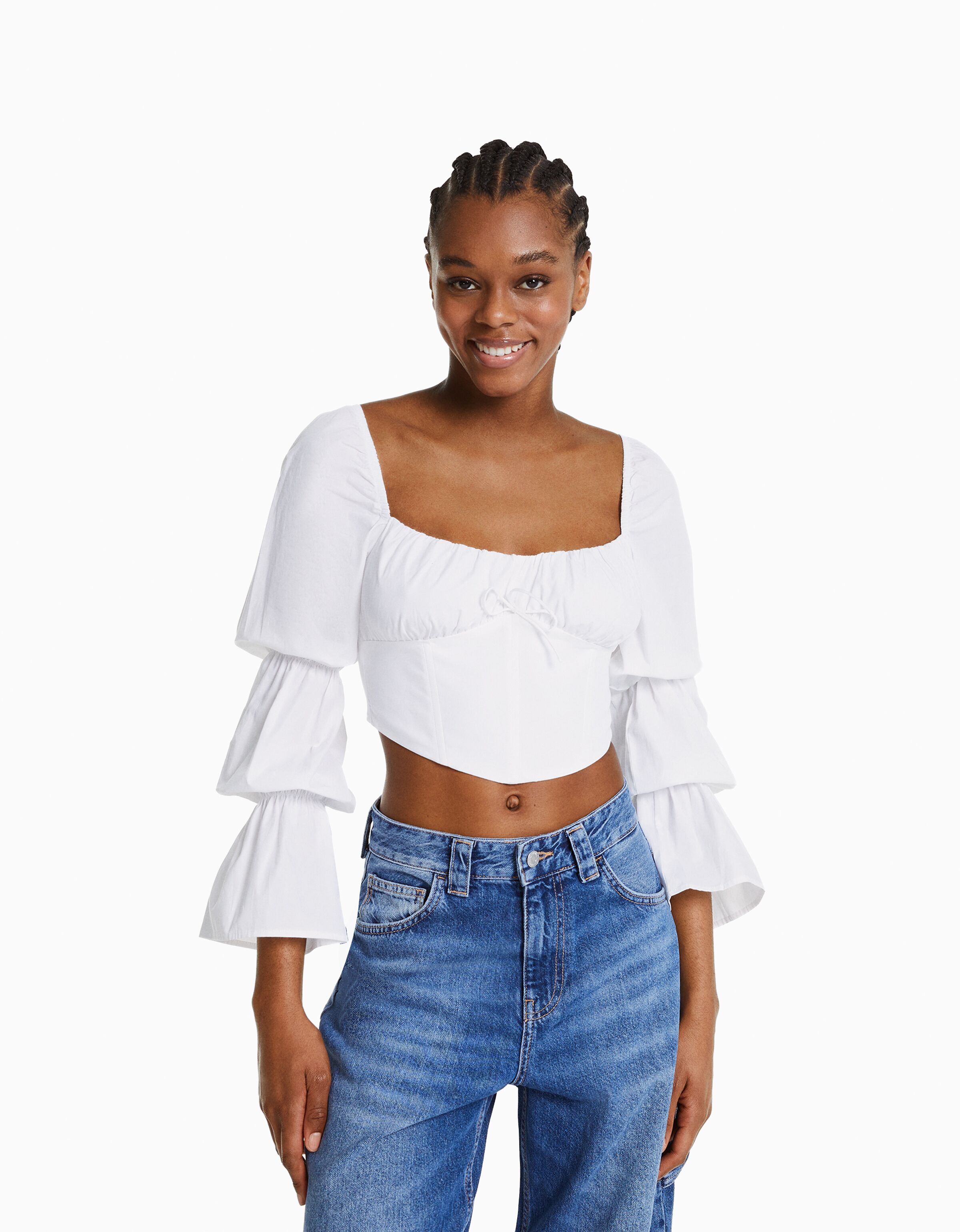 Cropped long sleeve corset blouse Shirts BSK Teen Bershka