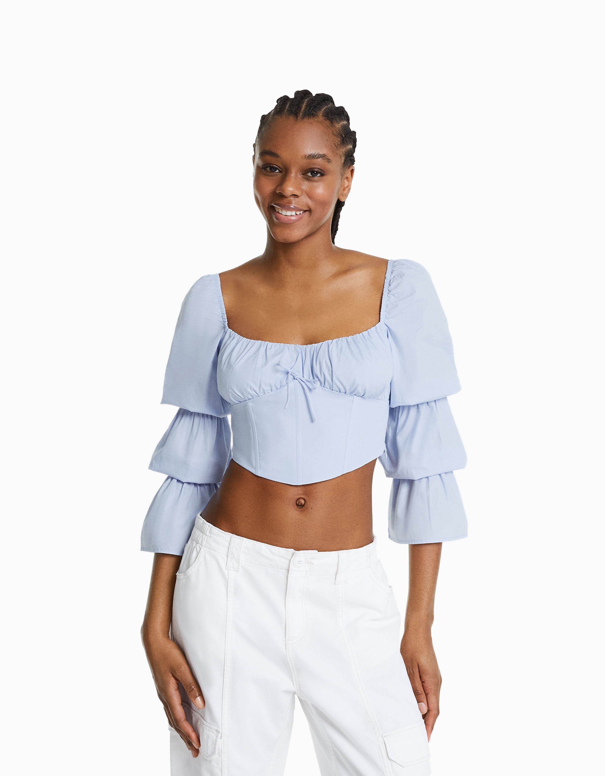 Blusa crop online top manga larga