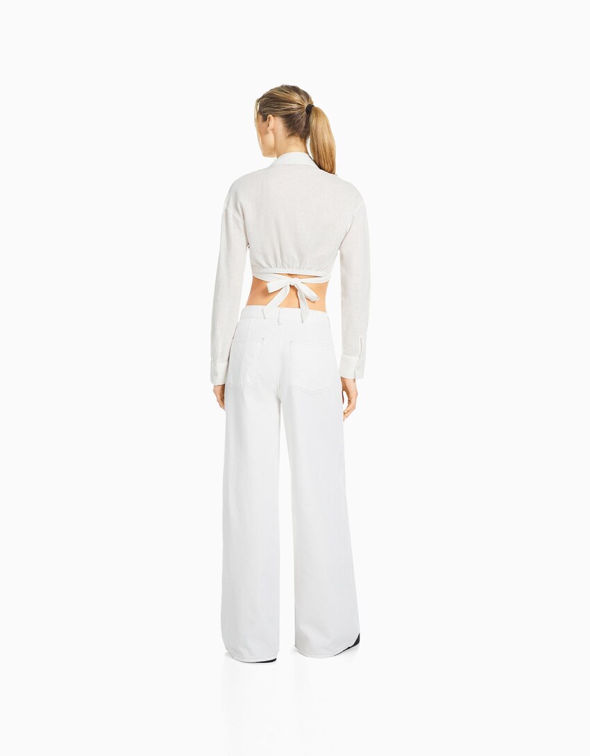 Camisa manga longa cruzada liño-Branco-1