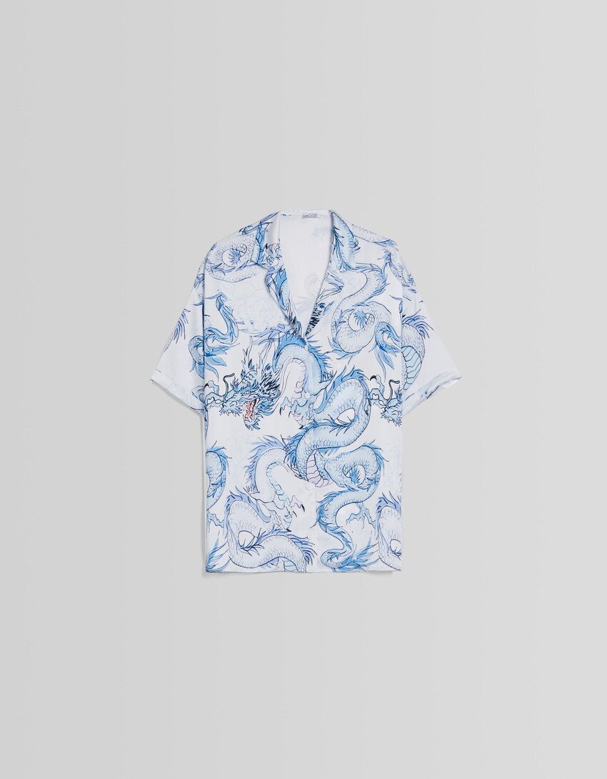 Camisa manga curta oversize satinada estampada-Azul-4