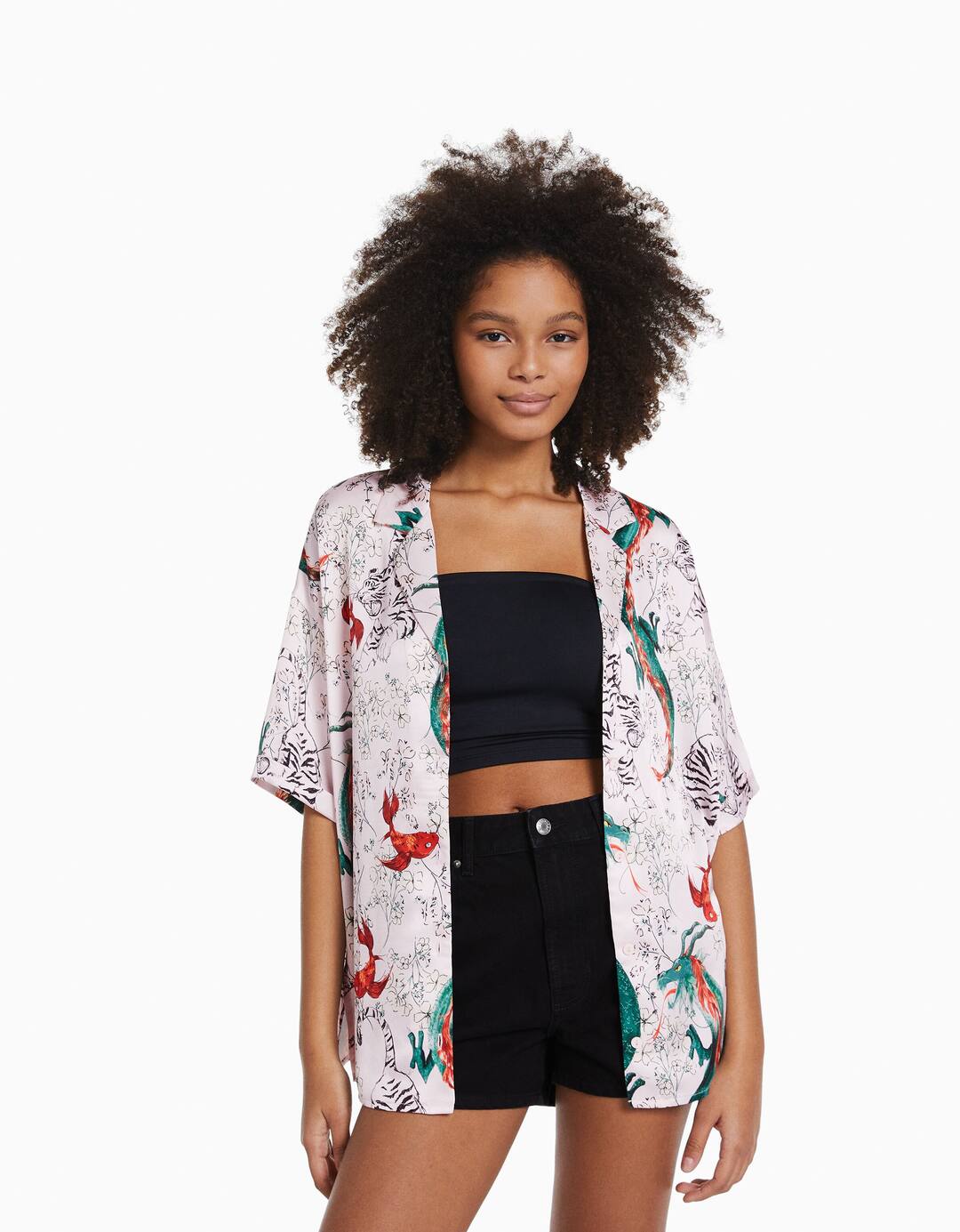 Oversize satin short sleeve printed shirt