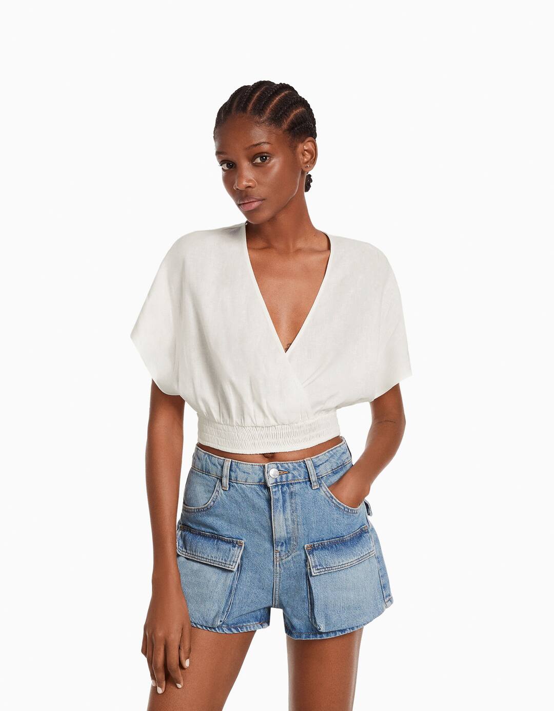 Short sleeve linen blend cropped blouse with crossover neckline