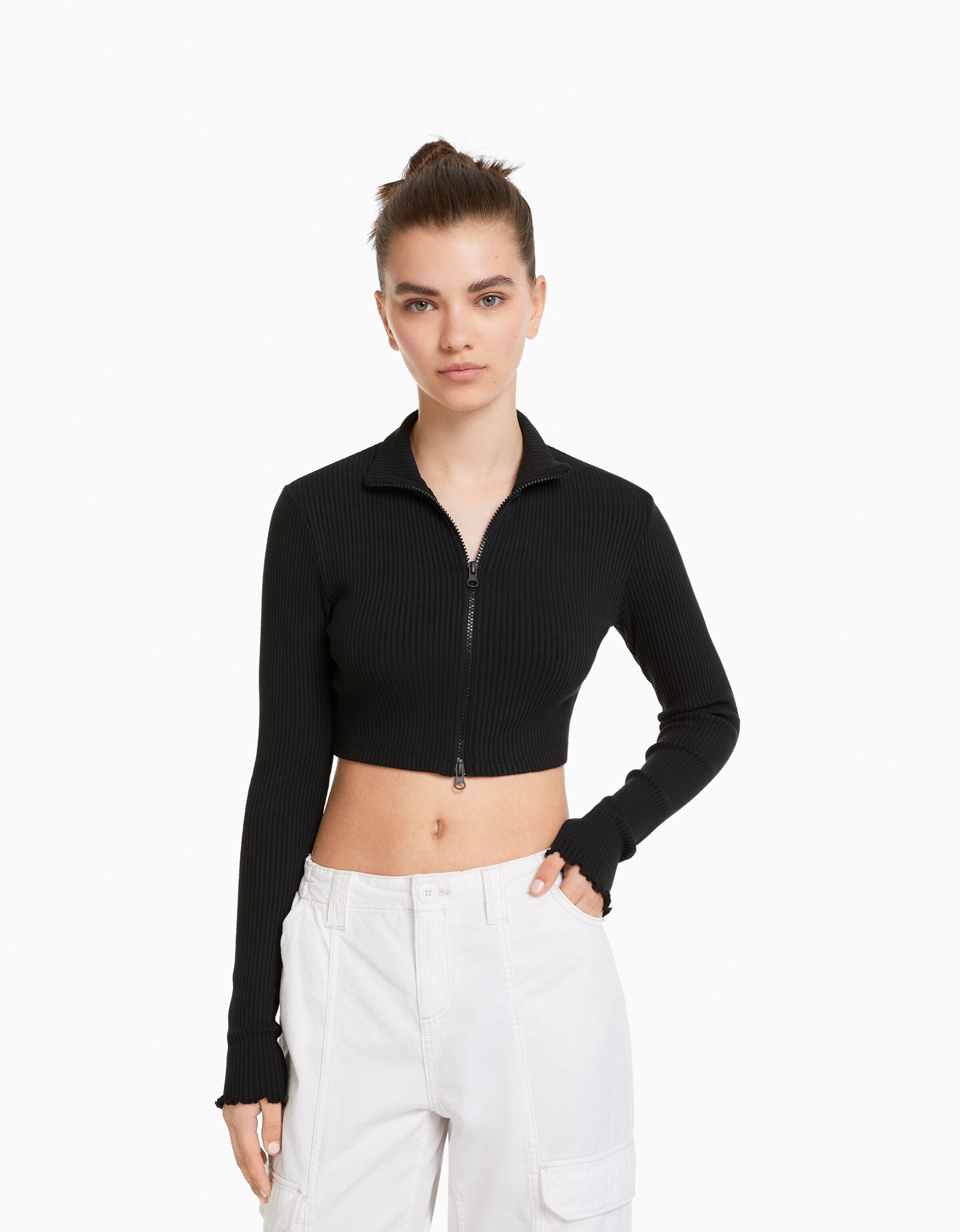 Bershka ribbed 2025 cardigan with zip