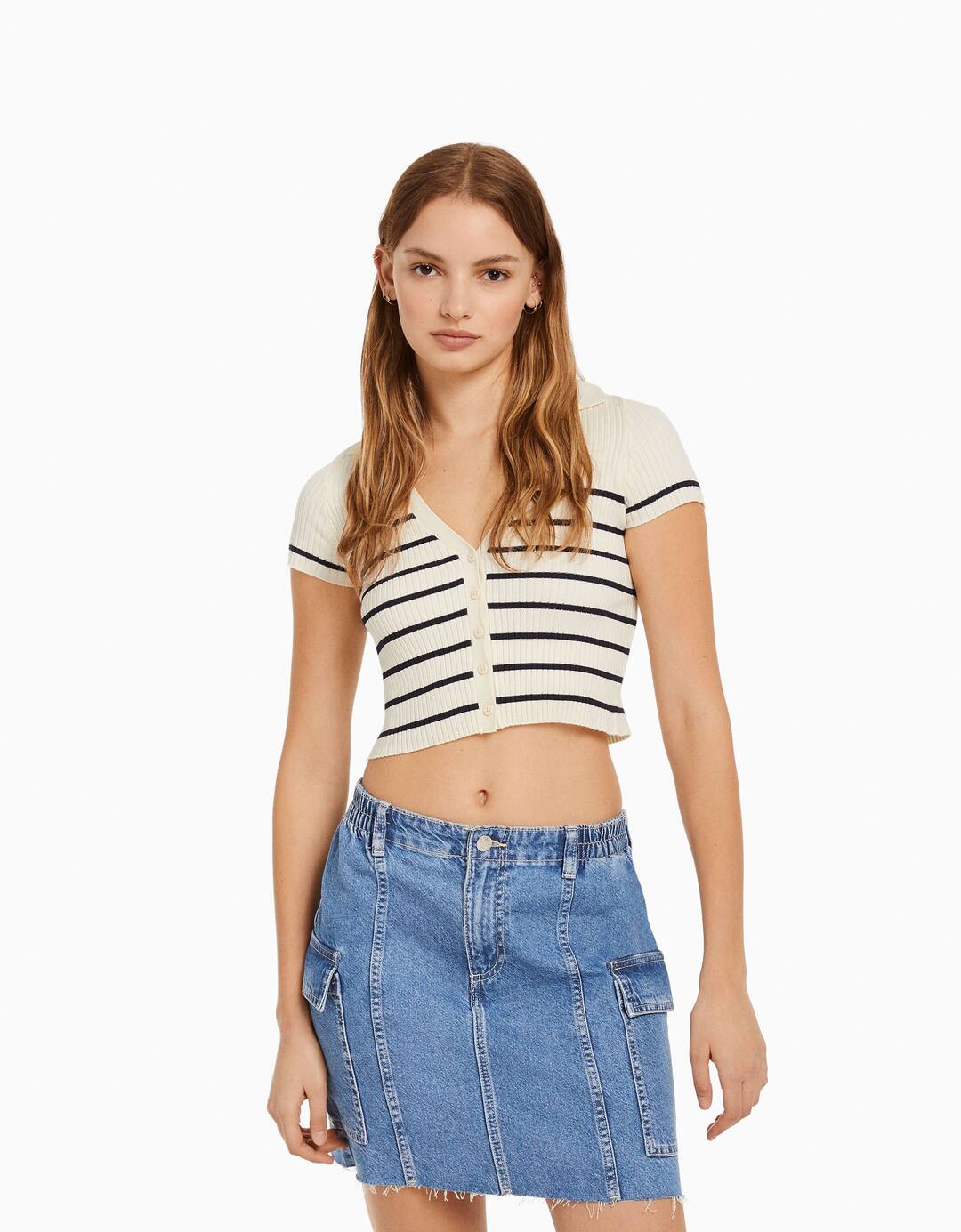 Short sleeve polo collar cardigan