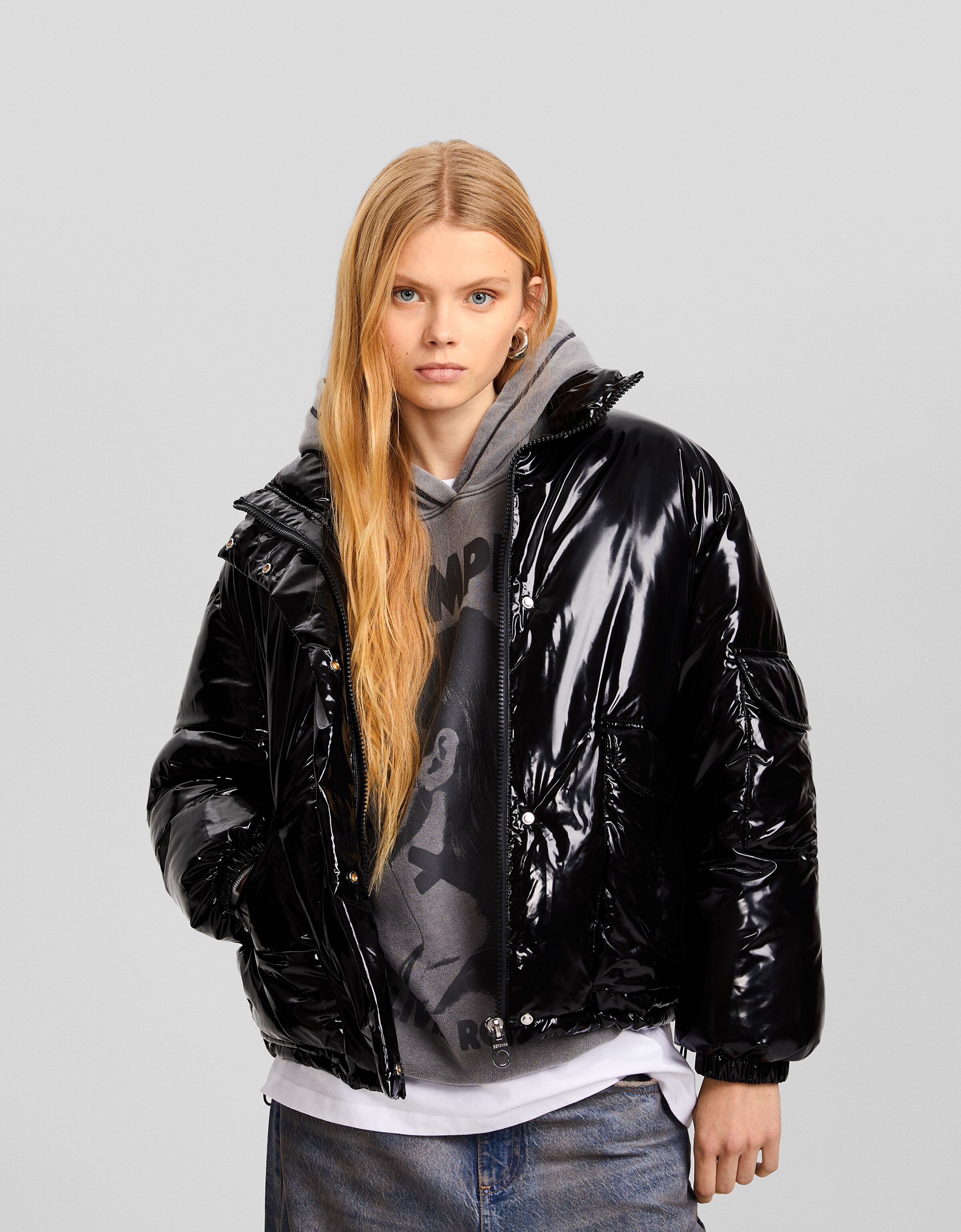 Vinyl puffer jacket with hood new arrivals