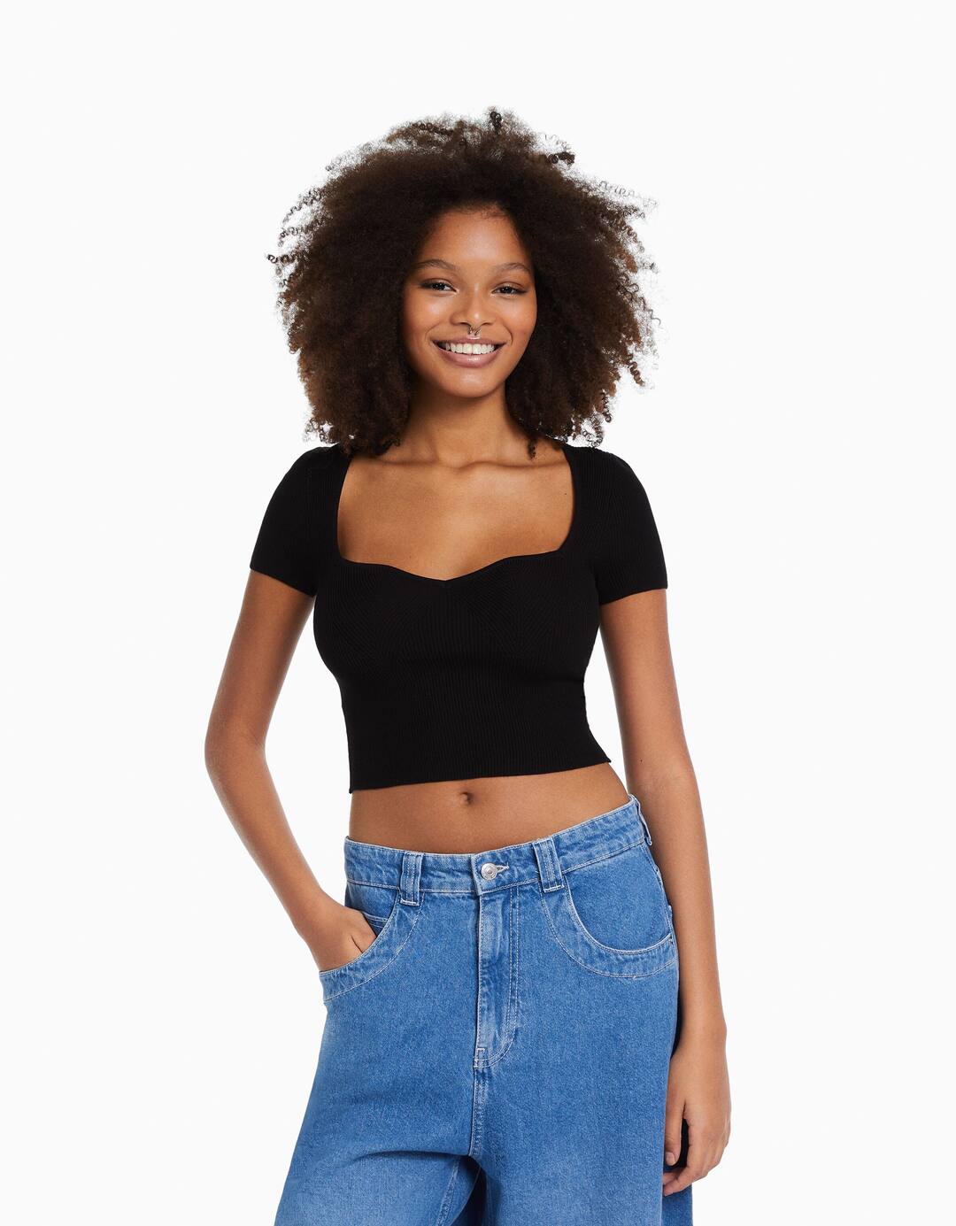 Short sleeve knit sweater with sweetheart neckline