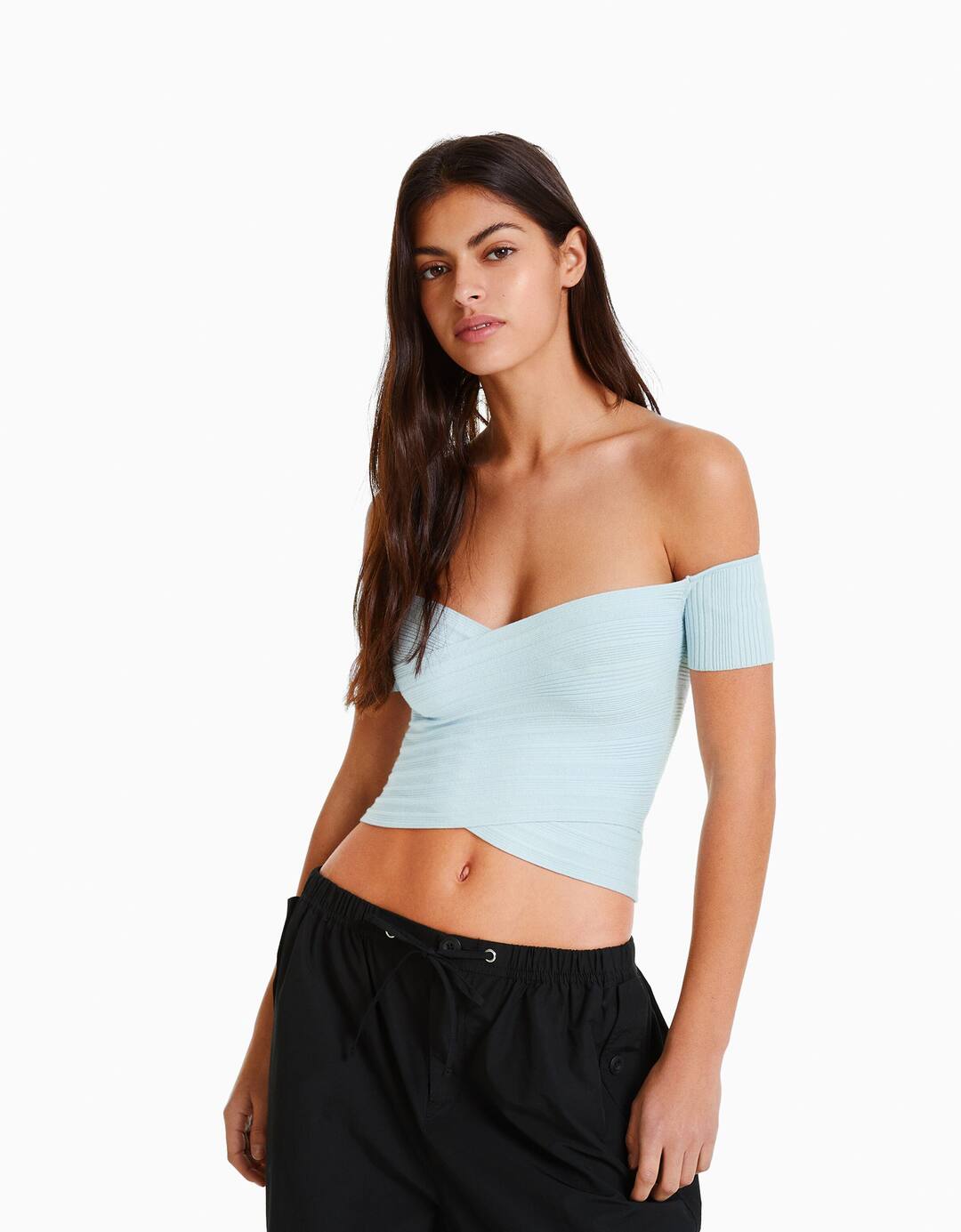 Short sleeve sweater with crossover detail