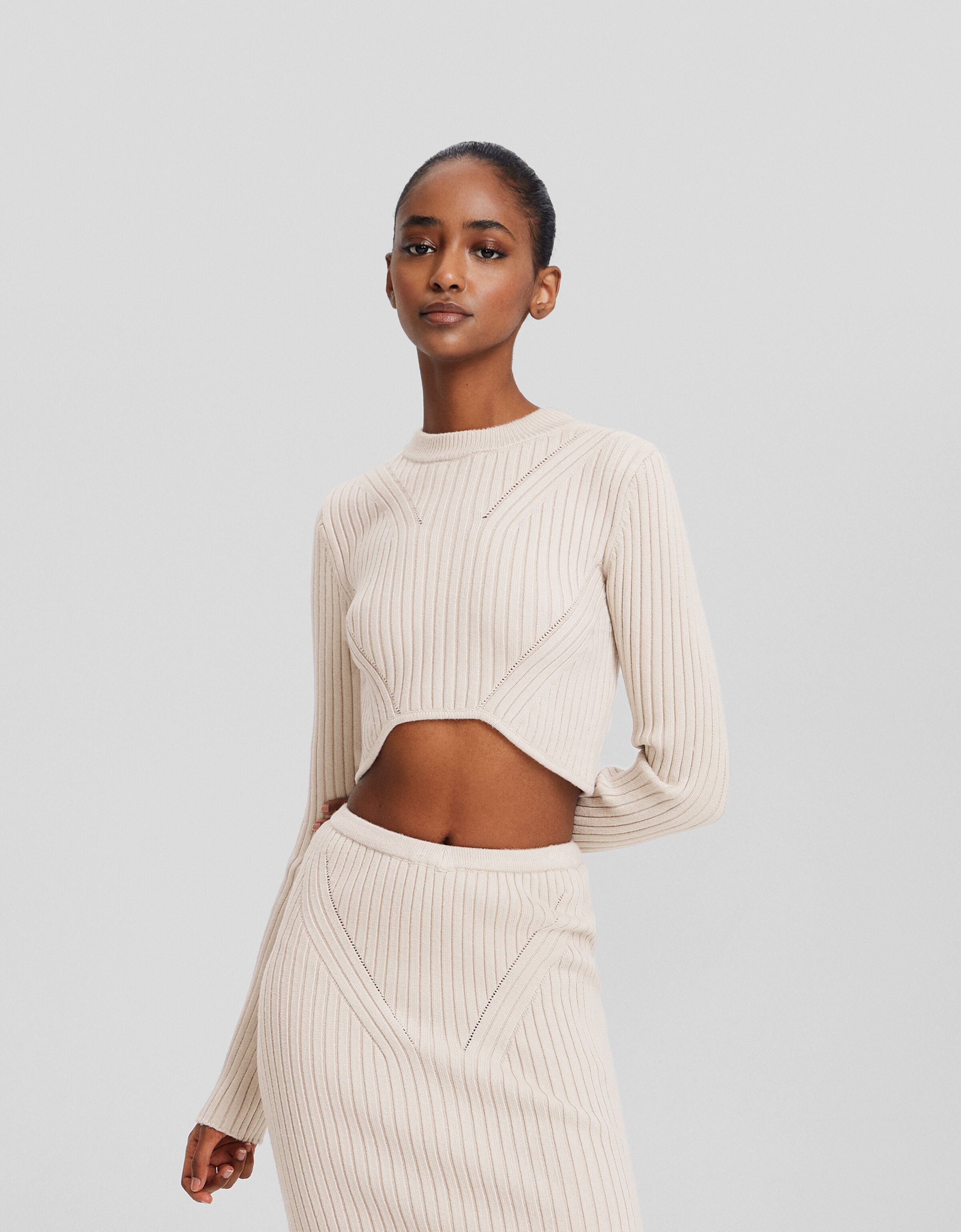 Ribbed knit cropped sweater Women Bershka