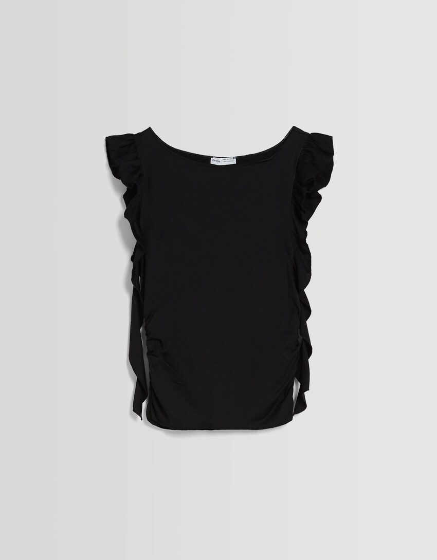 Fırfırlı kısa kollu t-shirt-Siyah-4