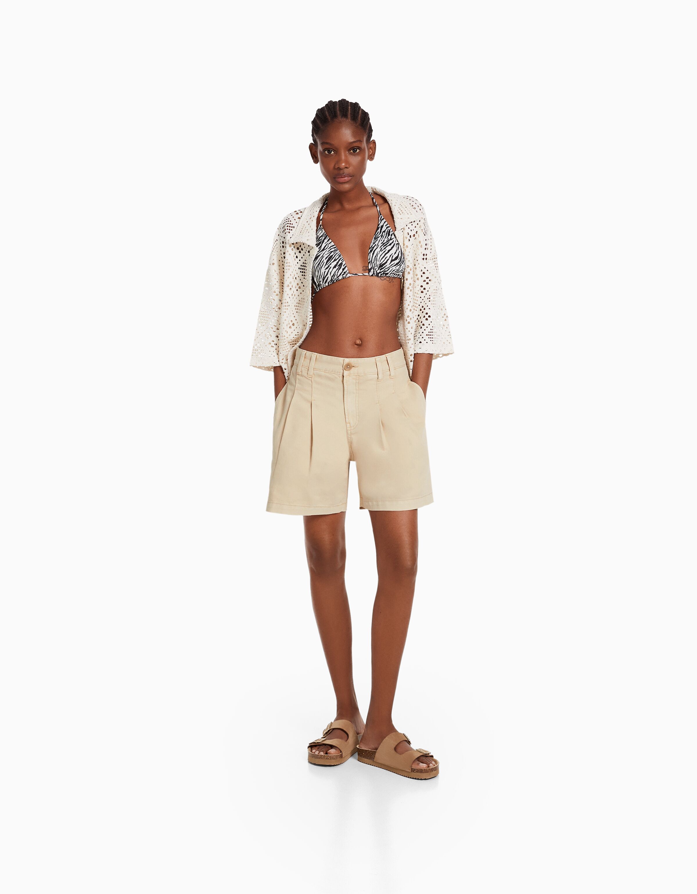 Pleated denim Bermuda shorts Festivals Women Bershka
