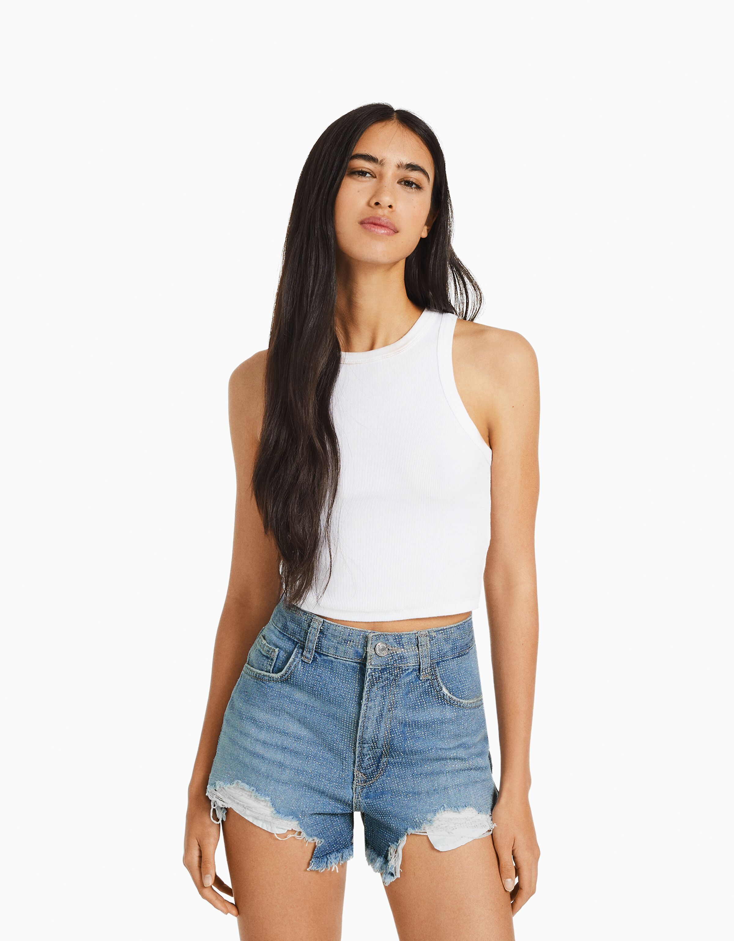 Ripped sparkly denim shorts Women Bershka