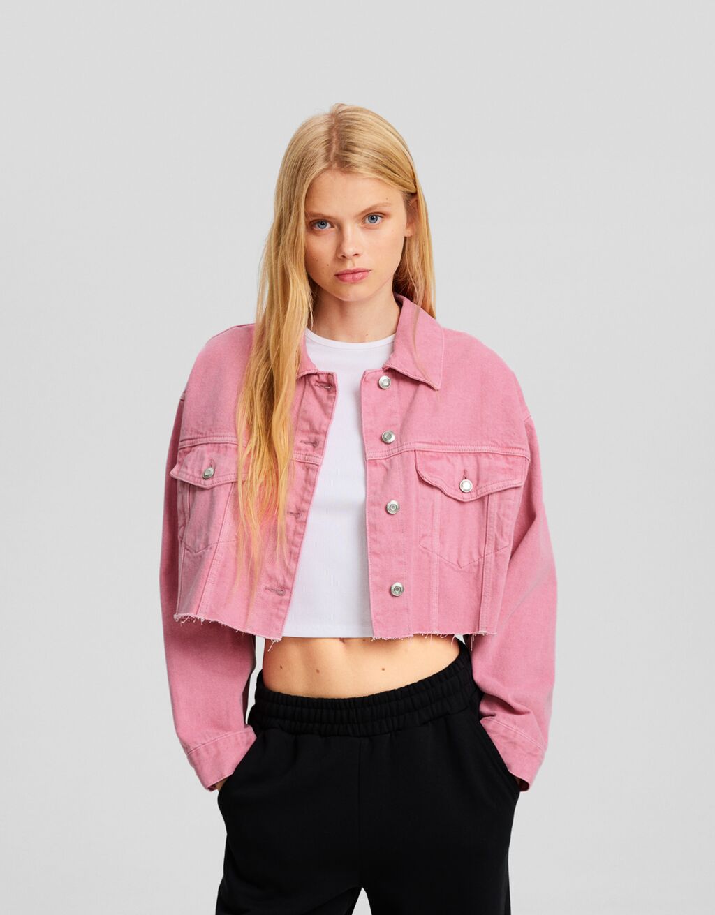 Pink cropped jean jacket sale