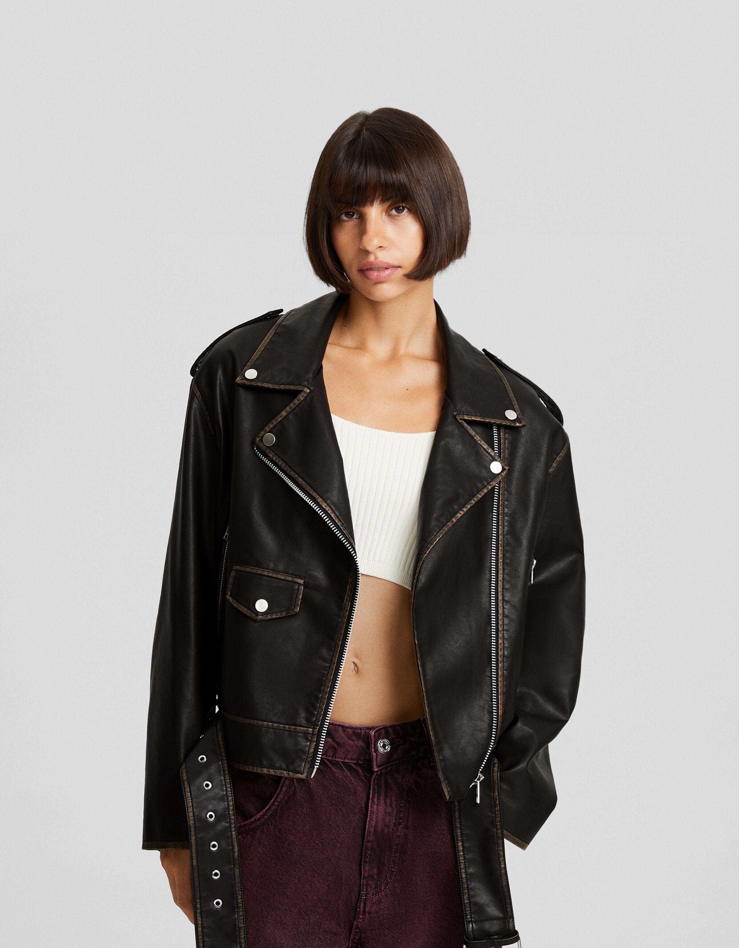 Bershka pu biker hot sale
