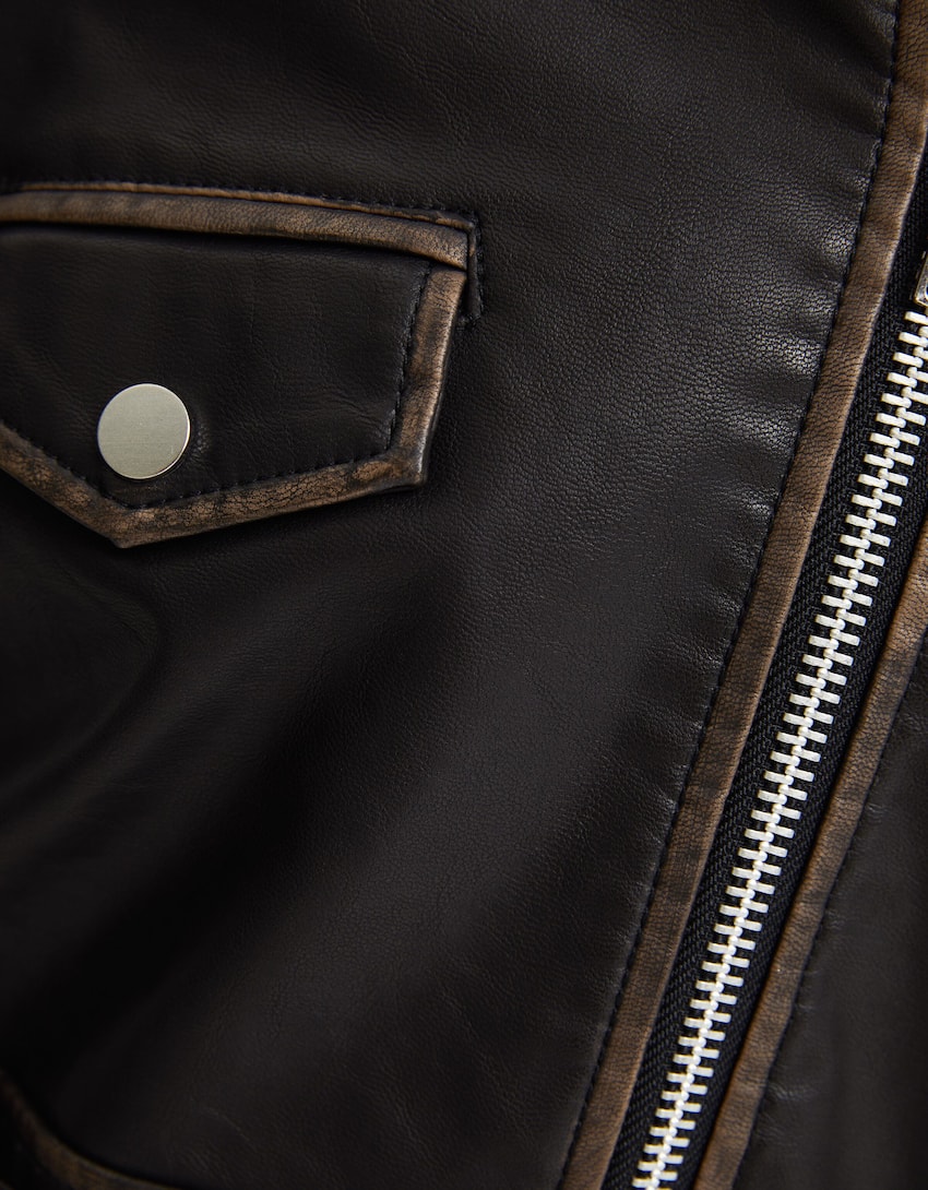 Distressed faux leather biker jacket - Women | Bershka