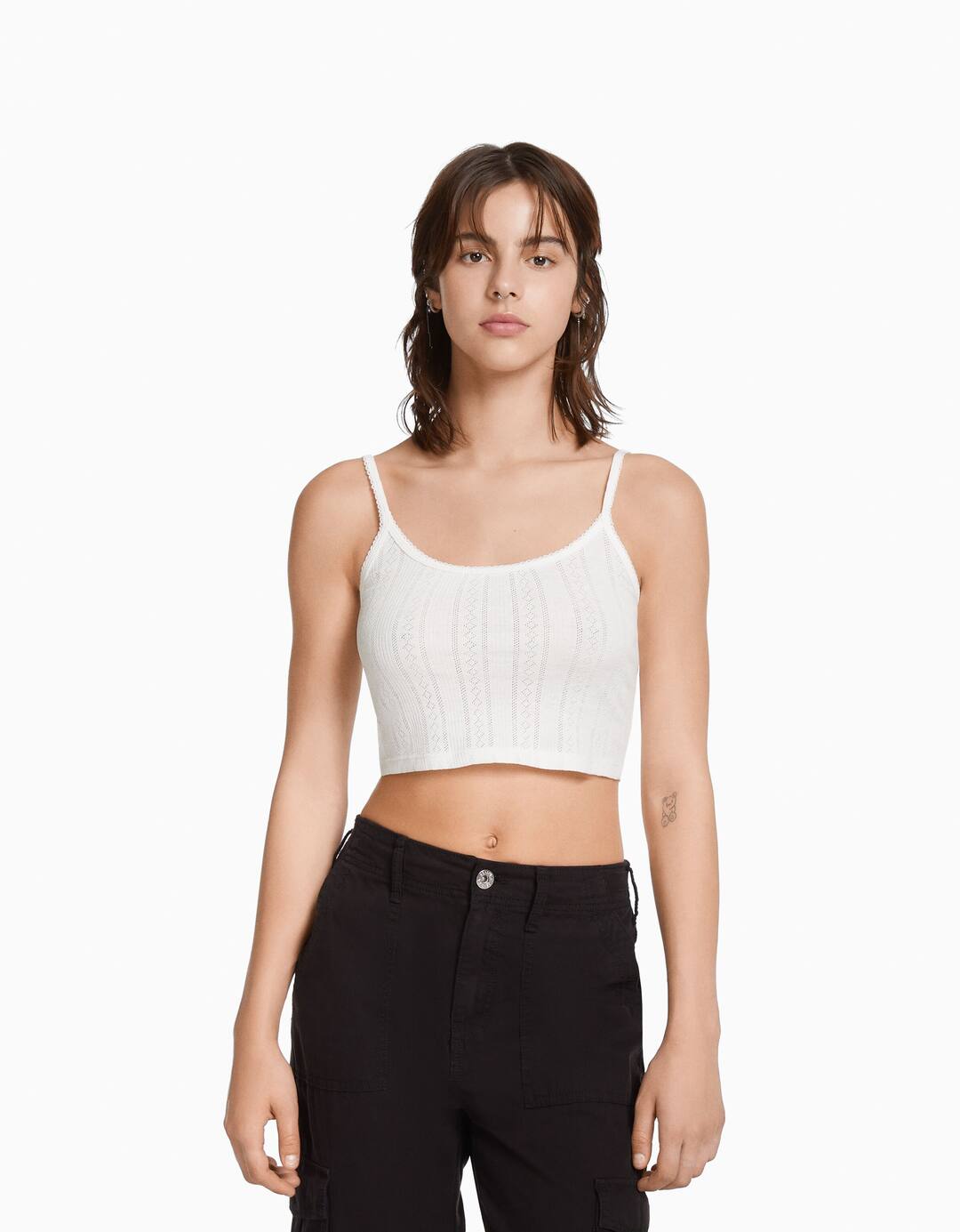 Open knit ribbed strappy top