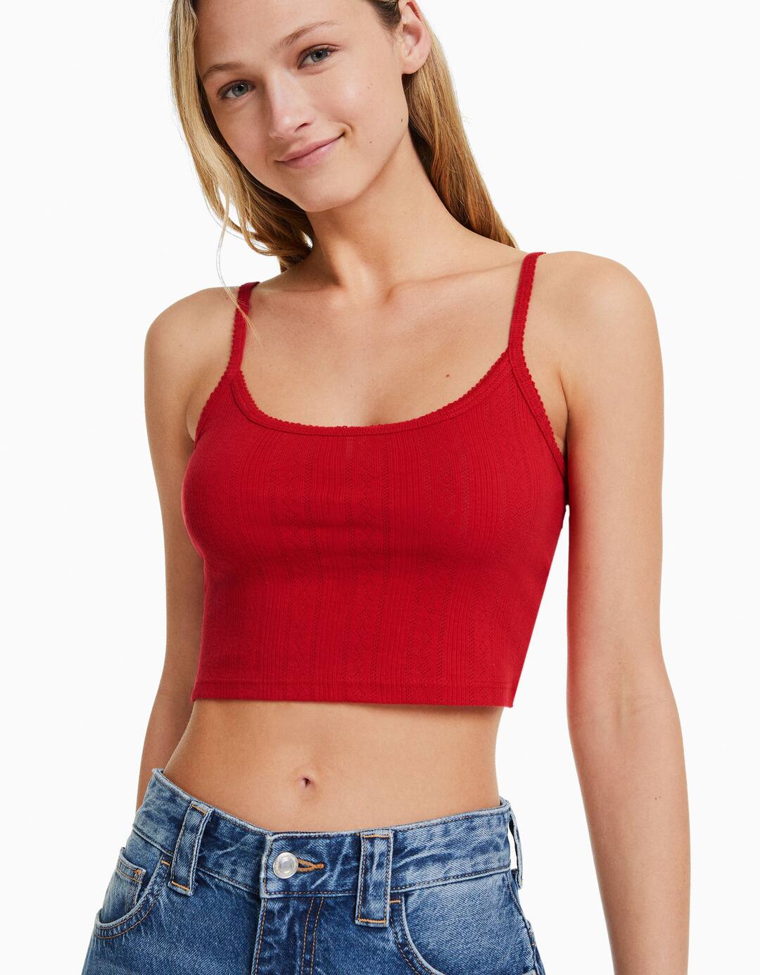 Open knit ribbed strappy top