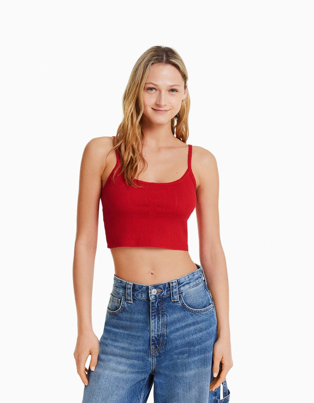 Open knit ribbed strappy top