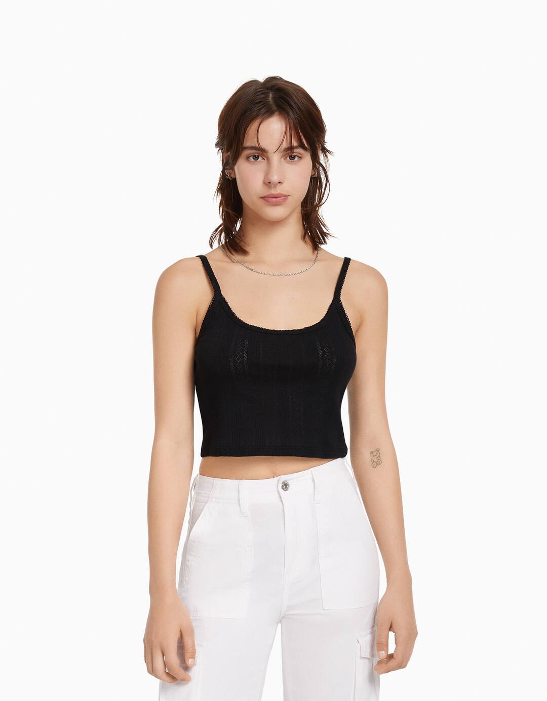 Open knit ribbed strappy top