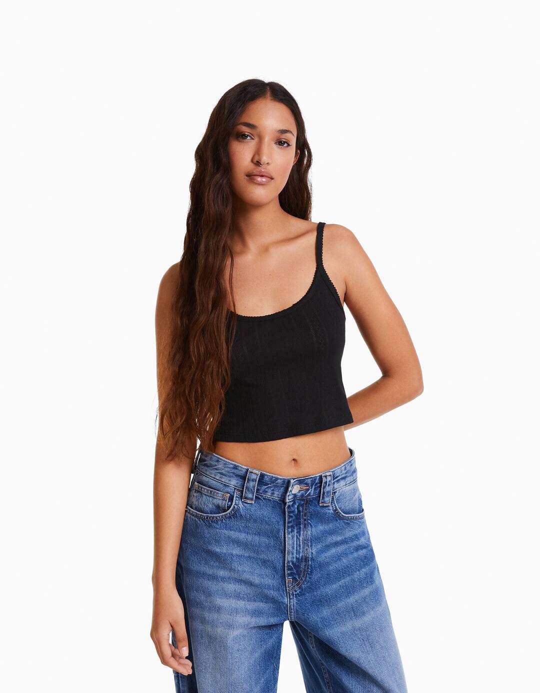 Open knit ribbed strappy top