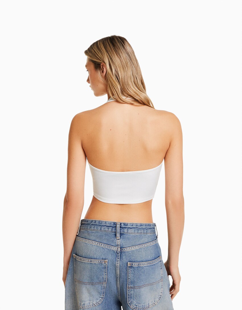 Fitilli halter yaka crop top-Kirli beyaz-1