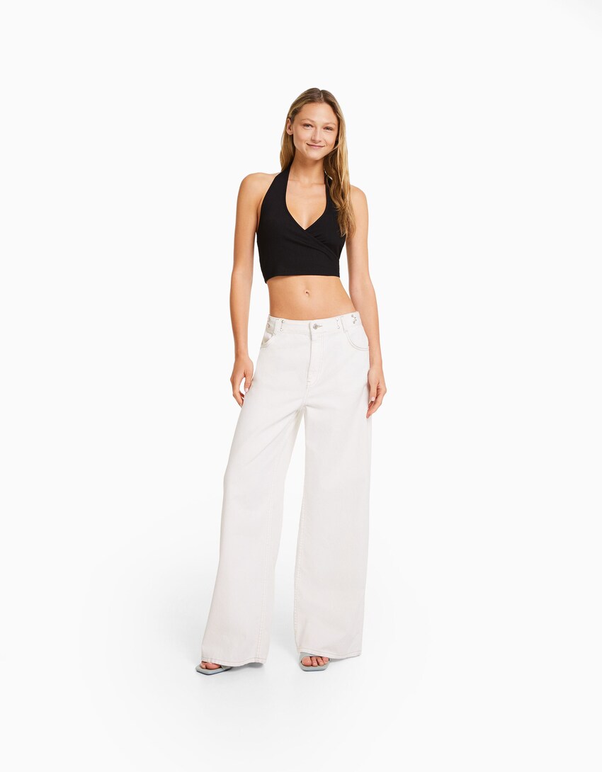 Fitilli halter yaka crop top-Siyah-3