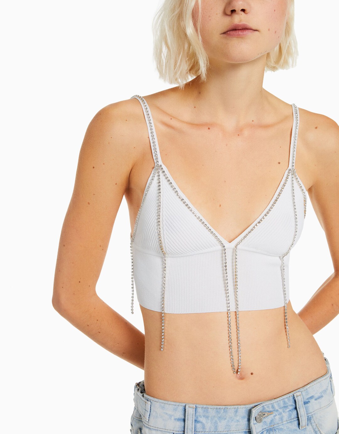 Strappy knit crop top with rhinestones