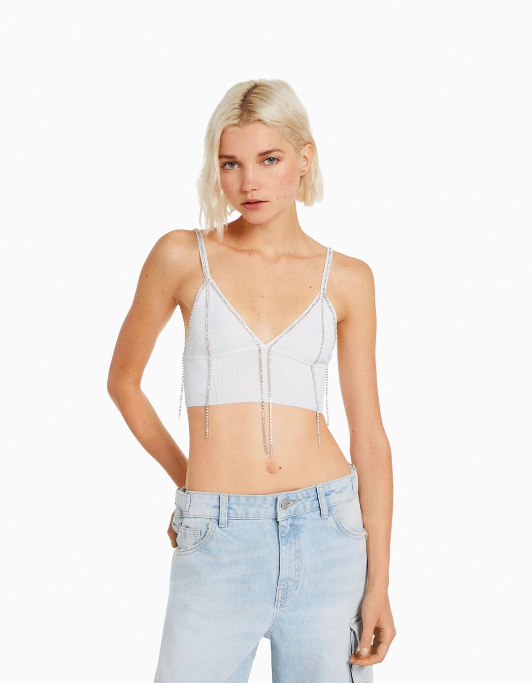 Strappy knit crop top with rhinestones