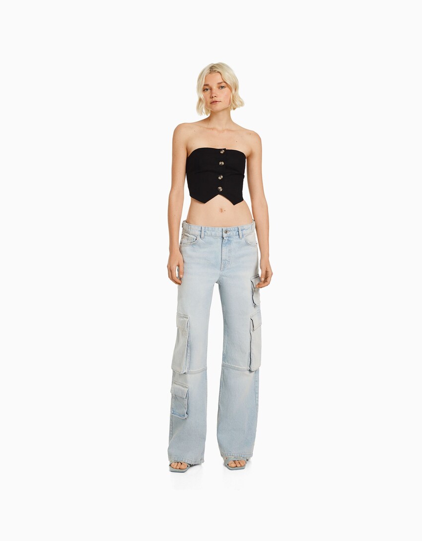 Linen blend bustier top-Black-3