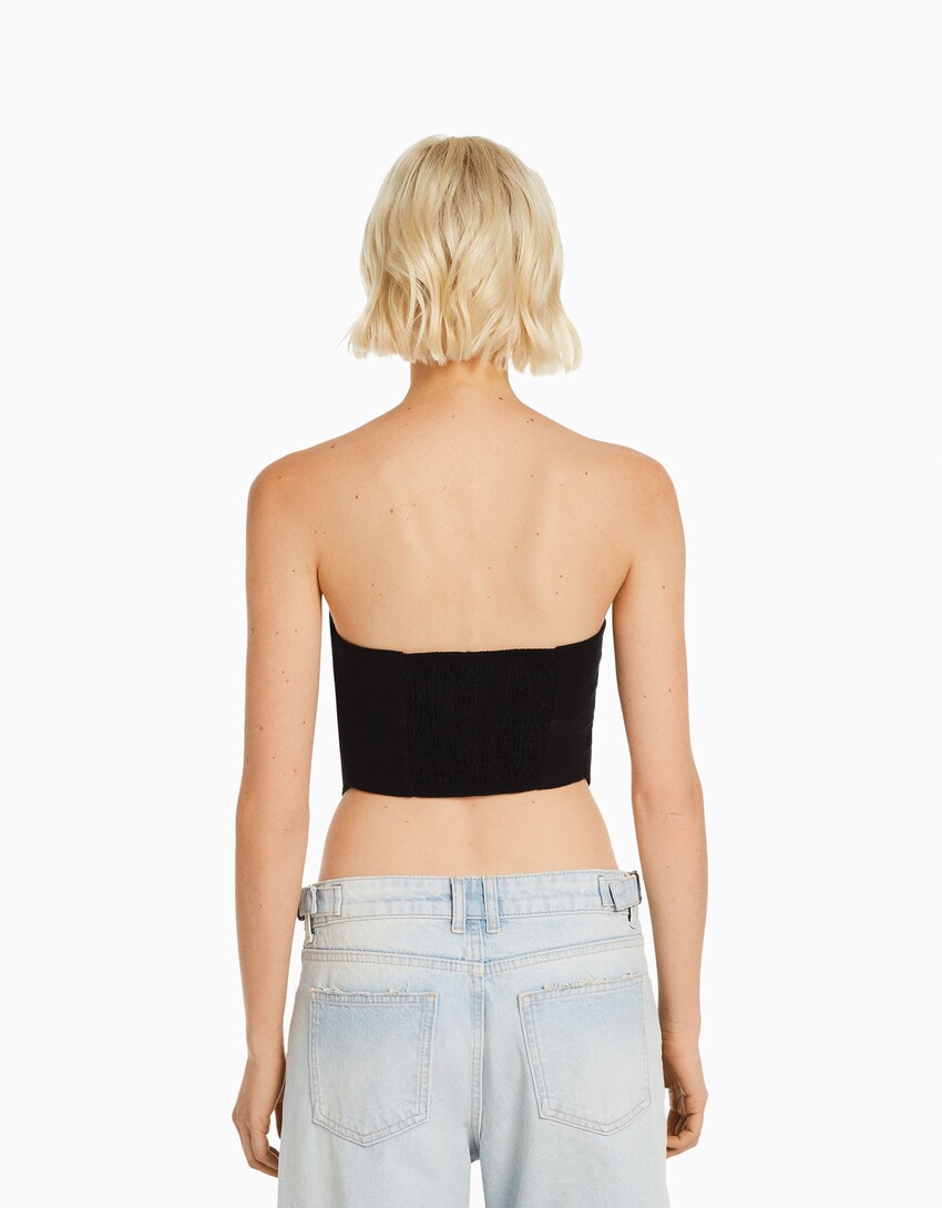 Linen blend bustier top-Black-1