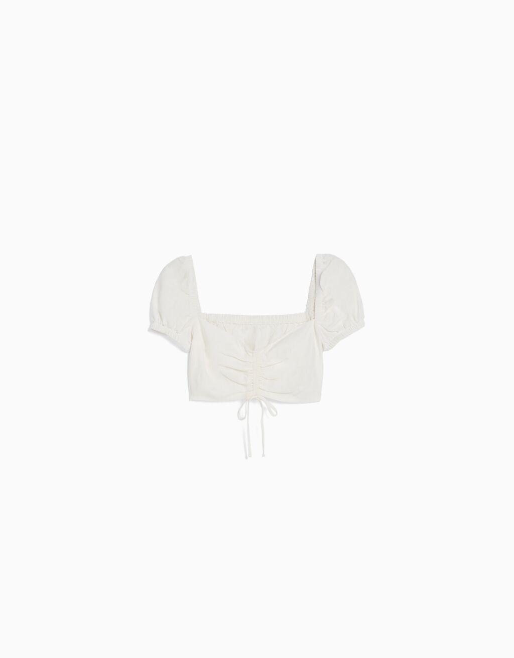 Short sleeve linen-blend crop top with gathered detail