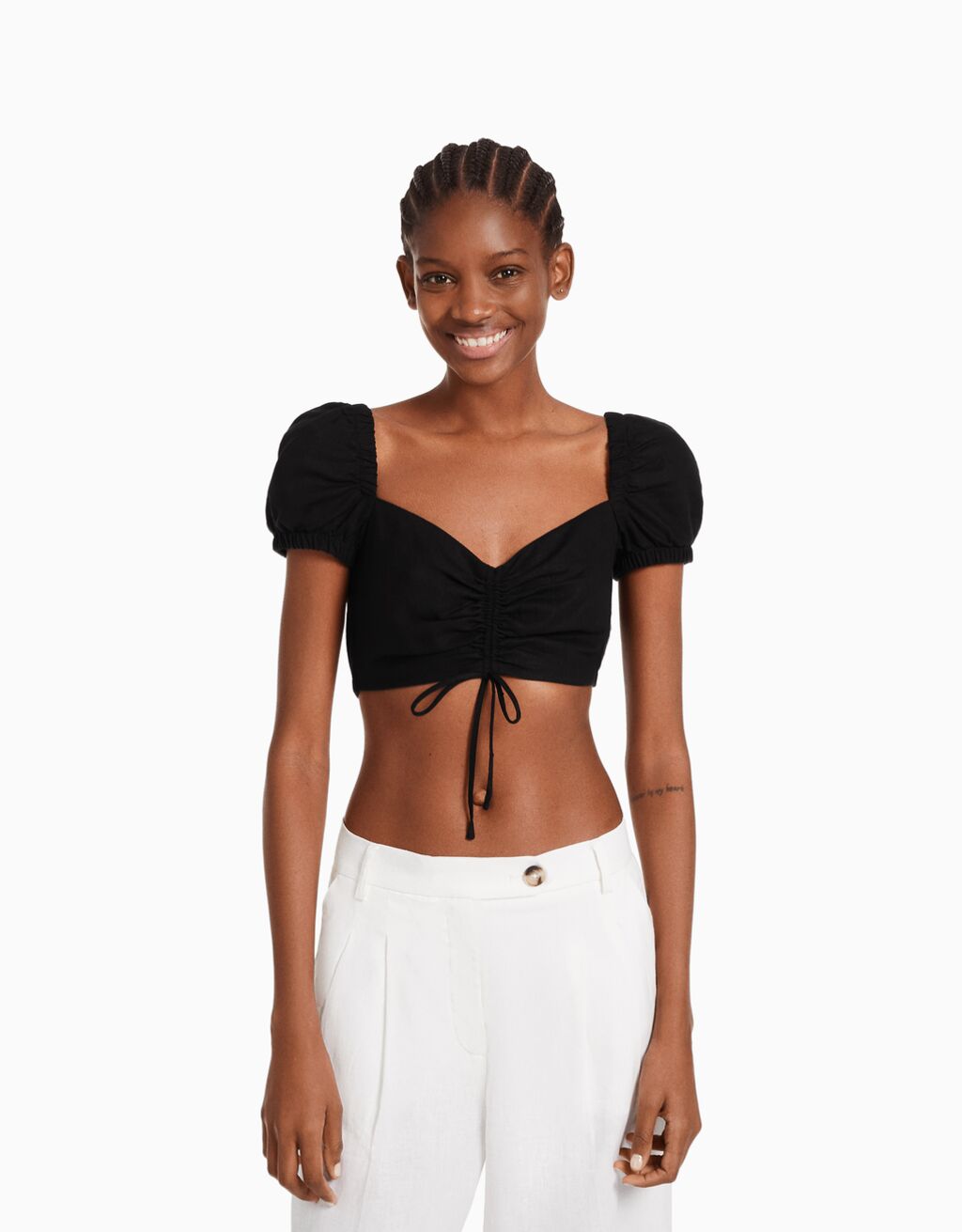 Short sleeve linen blend crop top with gathered detail Women