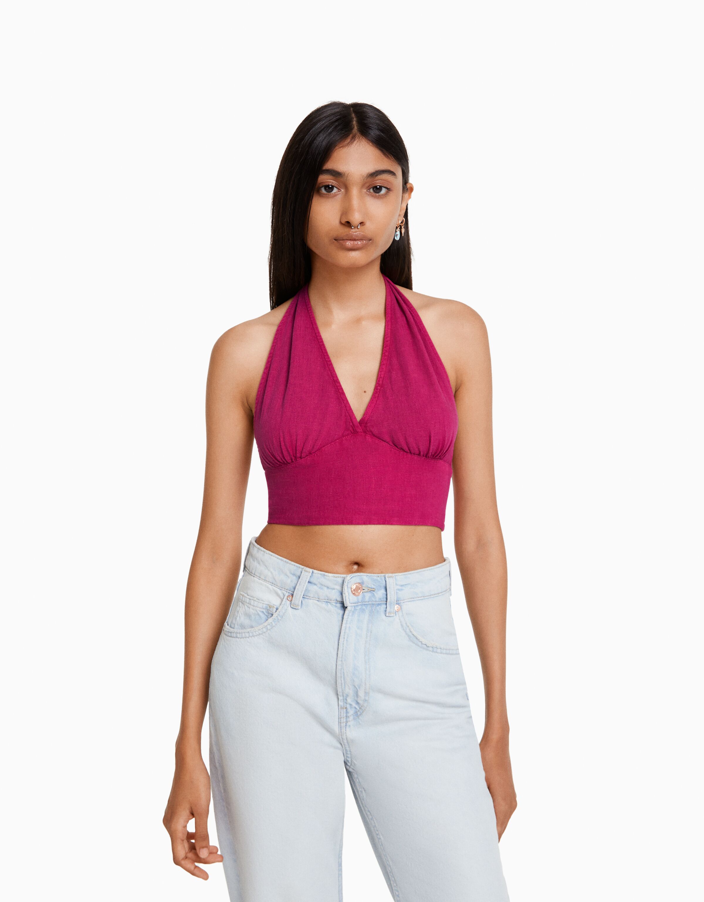 Top cropped r stico con lino Camisetas y tops BSK Teen Bershka