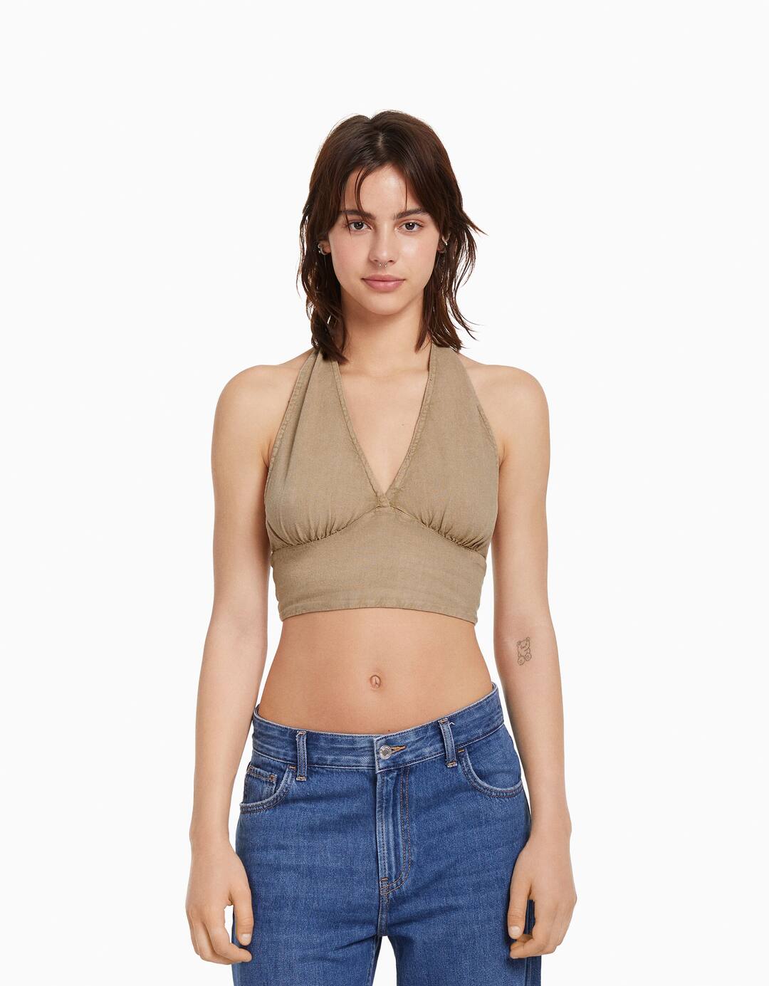 Rustic linen-blend crop top