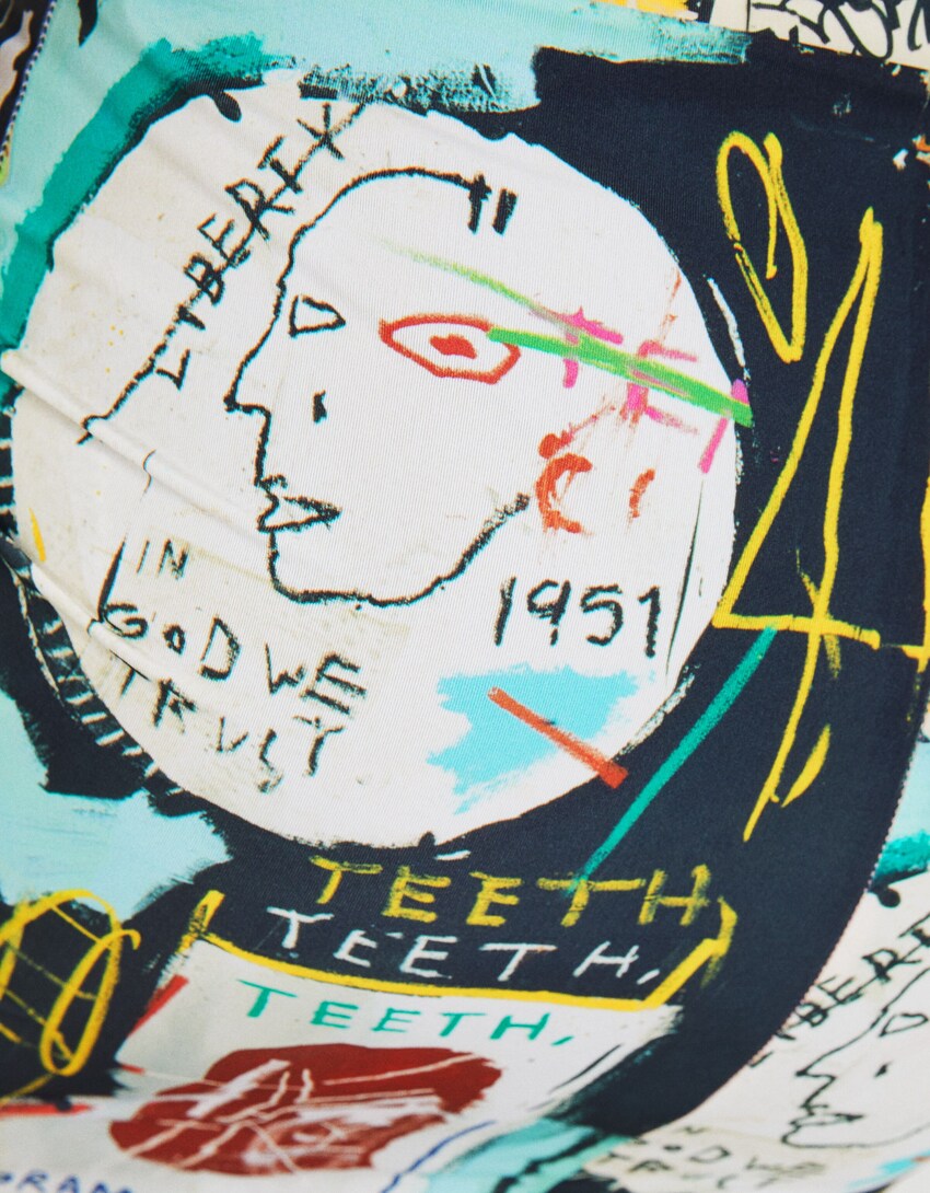Jean-Michel Basquiat desenli straplez bluz-Pembe-6