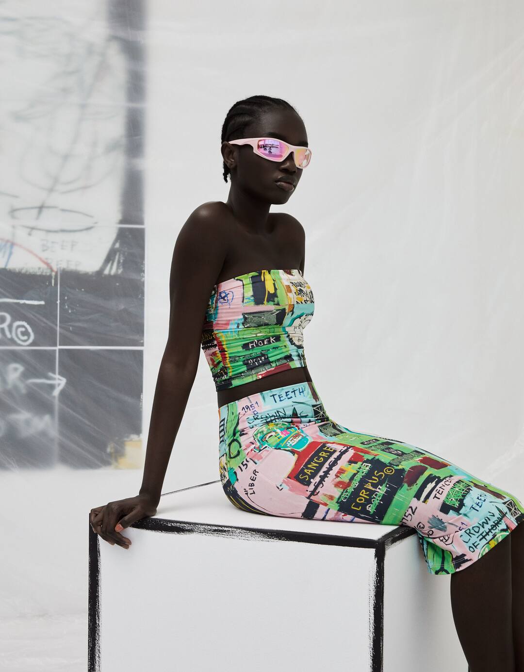 Strapless Jean-Michel Basquiat print top