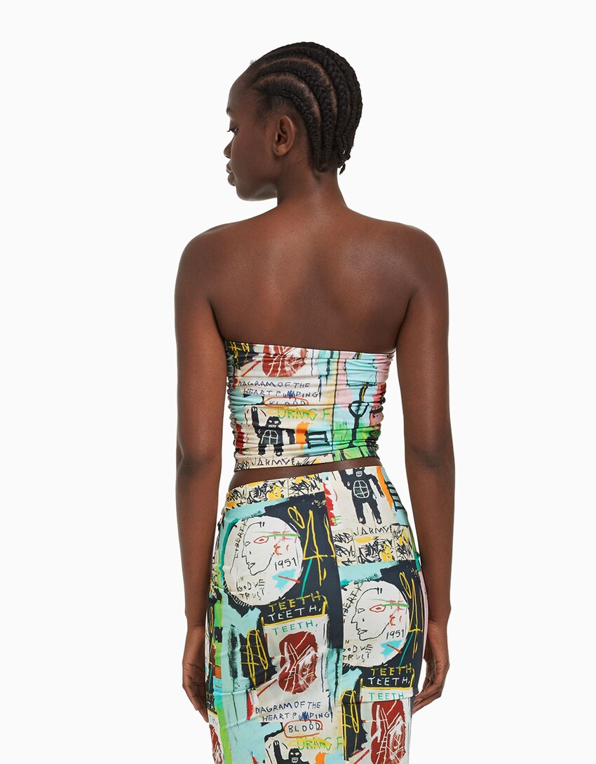 Jean-Michel Basquiat desenli straplez bluz-Pembe-1