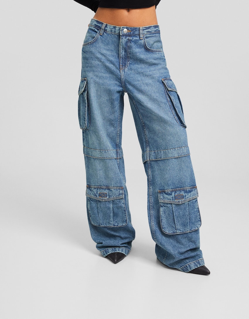 Multi-pocket cargo jeans-Blue-1