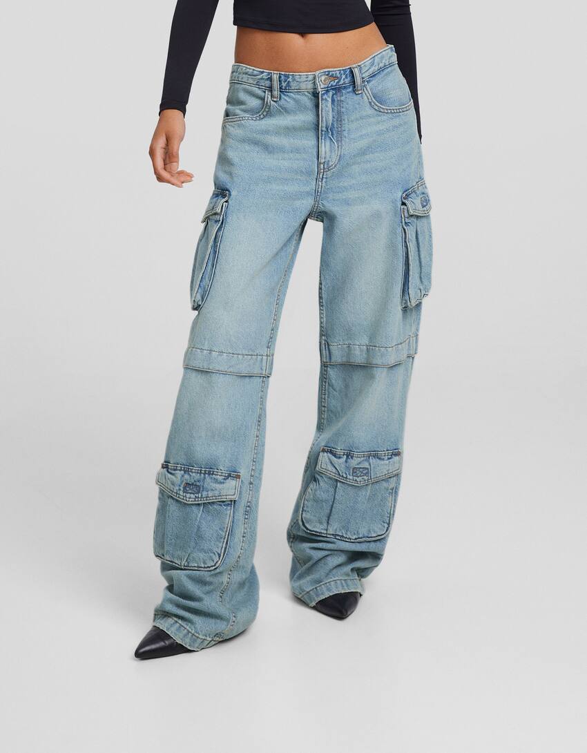 Multi-pocket cargo jeans-Light blue-1