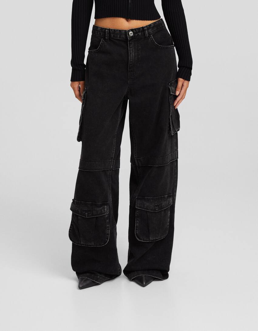 Multi-pocket cargo jeans-Black-1