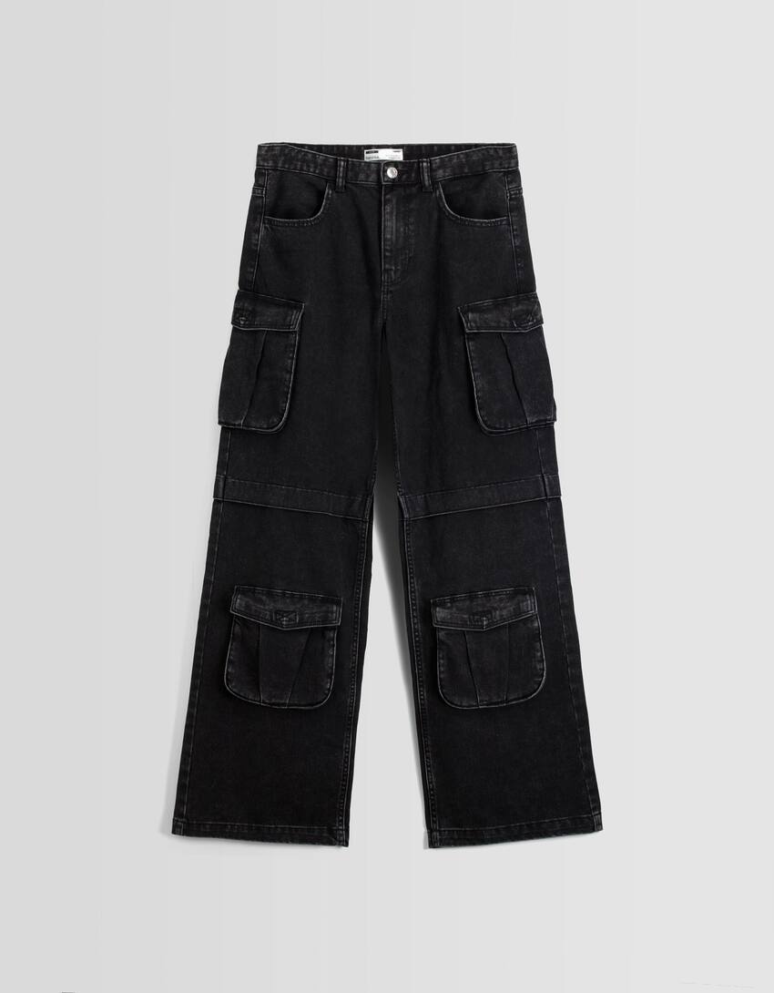 Multi-pocket cargo jeans-Black-4