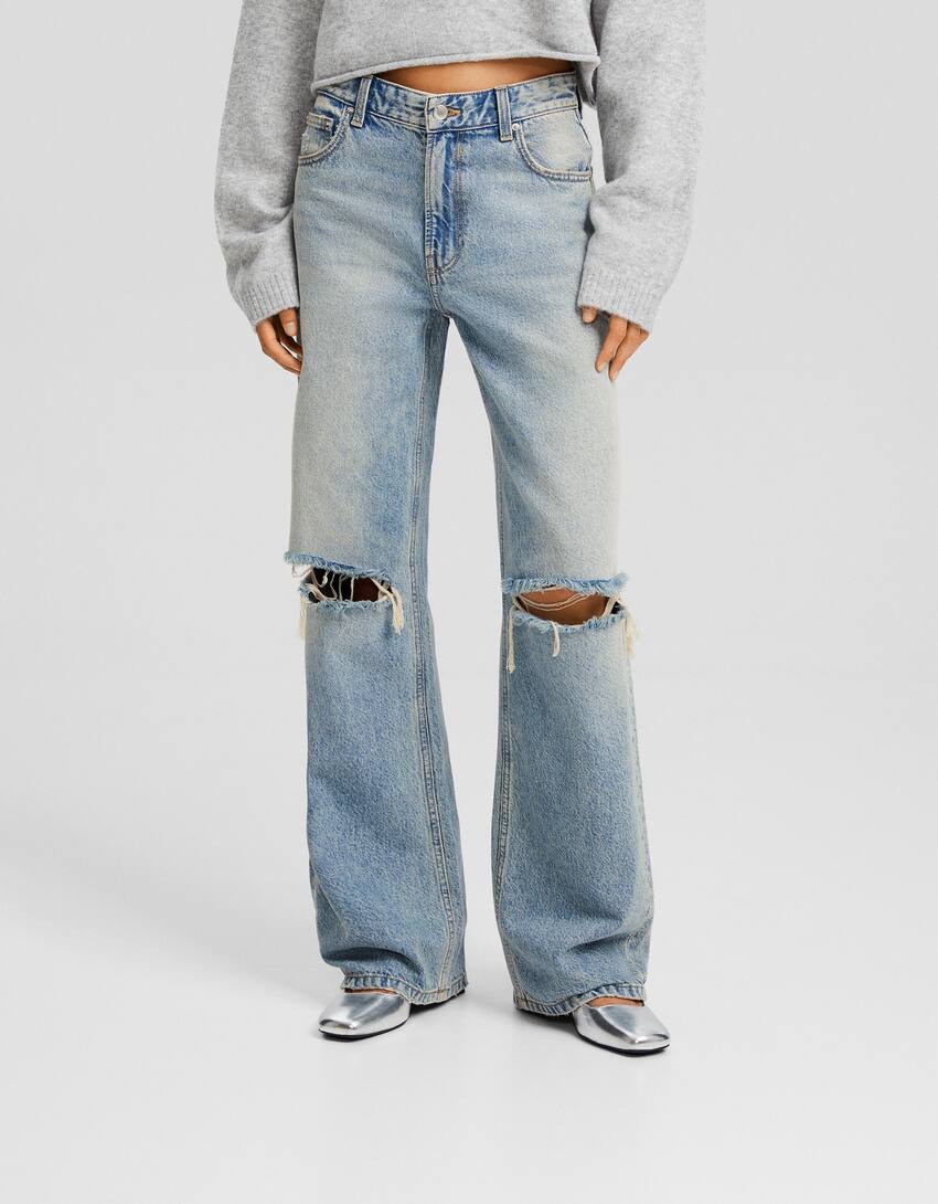 Ripped wide-leg ’90s jeans-Light blue-1
